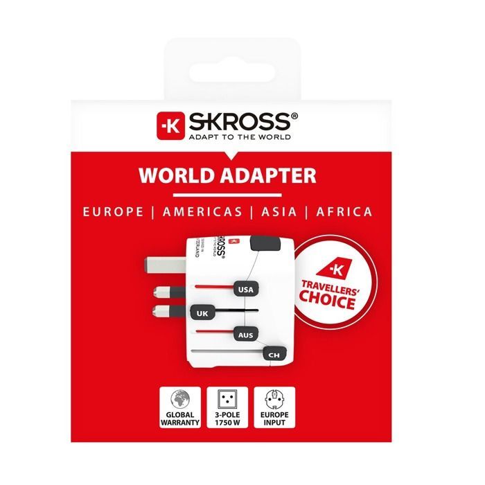 Adaptador y convertidor - SKROSS - 3 polos, 150 países - Universal - Blanco - 1750W
