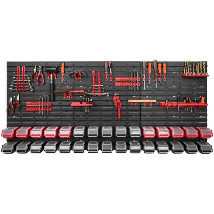 Étagère murale - BOTLE - 173 x 78 cm - 30 boîtes empilables - Plastique rouge et noir - Outils inclus