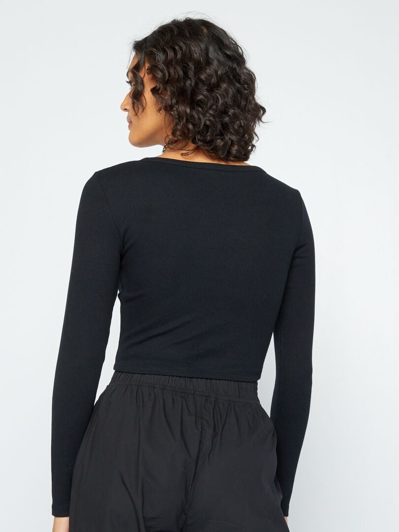 Geribbeld gebreid cropped T-shirt - Zwart