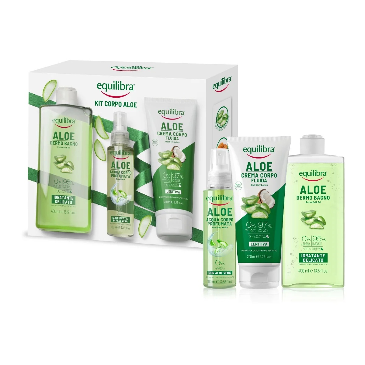 Set Corporal EQUILIBRA: Gel de Baño Hidratante Equilibra con Aloe Vera Dermo 400 ml + Loción Corporal Perfumada 100 ml + Crema Corporal Calmante 200 ml