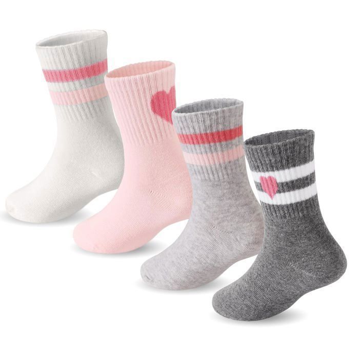 Calcetines infantiles - 4 pares, deportivos, con corazones a rayas, de algodón - 6-9 años - Adecuados para niñas