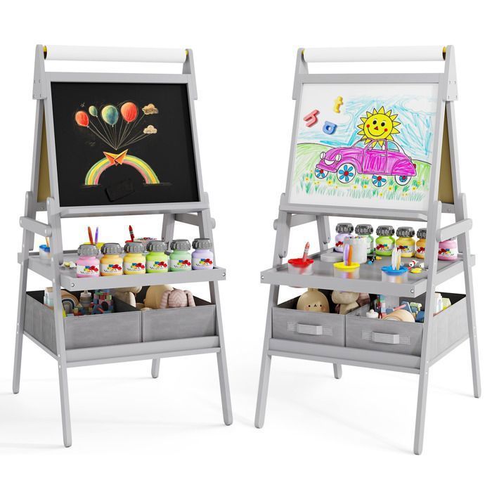 Tableau Enfant 3 en 1 - DREAMADE - Chevalet Enfant Double Face - Rouleau de Papier - 3 Pots de Peinture - 2 Boîtes en Tissu - Gris