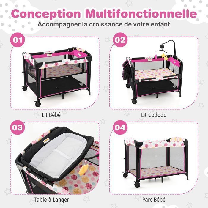 DREAMADE Lit Parapluie Bébé Pliable 3 en 1 avec Table à Lange & Matelas Réglable en Hauteur,avec Jouets,Panier de Rangement