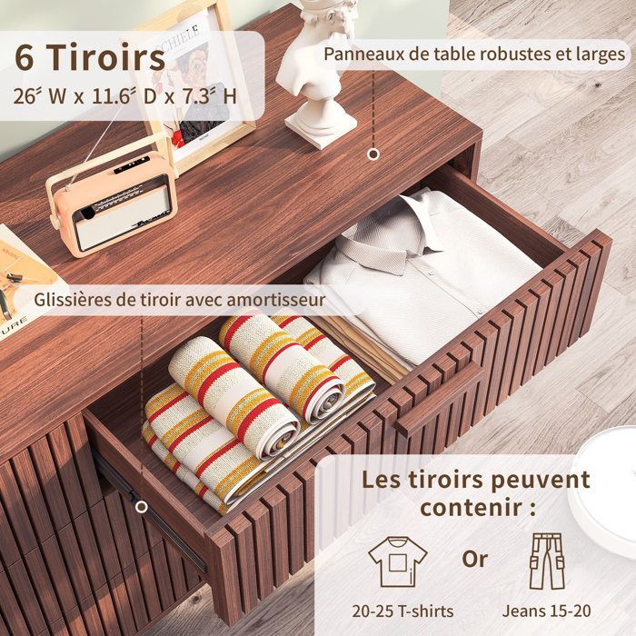 Cómoda de 6 cajones - Mueble de almacenamiento - Estilo escandinavo - Cómoda para dormitorio de adulto - Muebles para baño/sala de estar - 100x34x73cm - Marrón