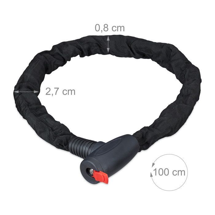 Candado Relaxdays para bicicleta, candado, cadena antirrobo, motocicleta, 100 cm de largo, motocicleta, 2 llaves, negro