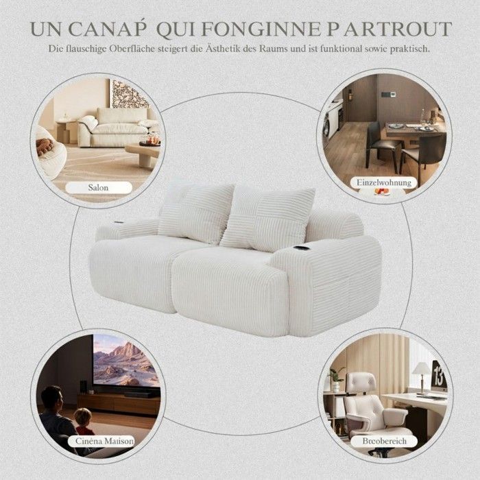 Canapé modulable 2 places - LANGTU - 2 Places Modulable - Velours côtelé beige - Porte-gobelet & poche latérale - 200×99×80cm