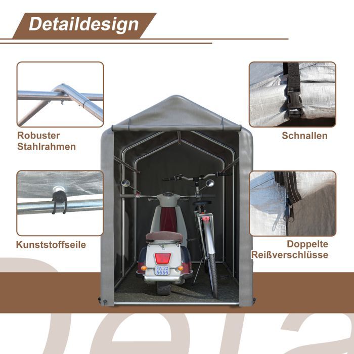 Tuinhuisje/opbergtent met gegalvaniseerd metalen frame en grote deur, fietsenstalling voor buiten, 187x100x160 cm, donkergrijs