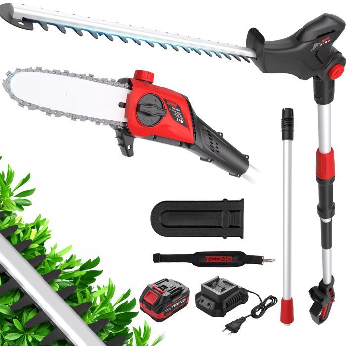 Tagliasiepi a palo - TEENO - 2 in 1 - Batteria 20V 4Ah - Lama da 24 cm - Impugnatura regolabile