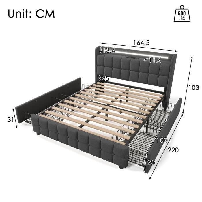 Letto matrimoniale imbottito 160 x 200 cm con 4 cassetti, porta di ricarica USB, illuminazione a LED, rete a doghe in legno, lino, grigio