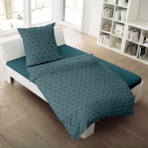 Κλινοσκεπάσματα ζακάρ φανέλας, 155/220 + 80/80 cm, γραφικό πετρόλ