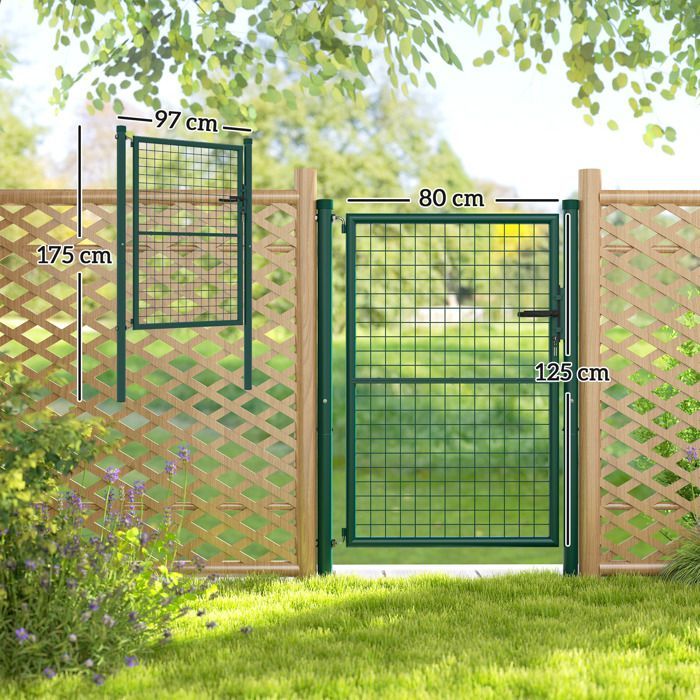 Puerta de jardín - Outsunny - con cerradura, llaves y manilla - fabricada en acero - 97 x 175 cm - para uso exterior - verde