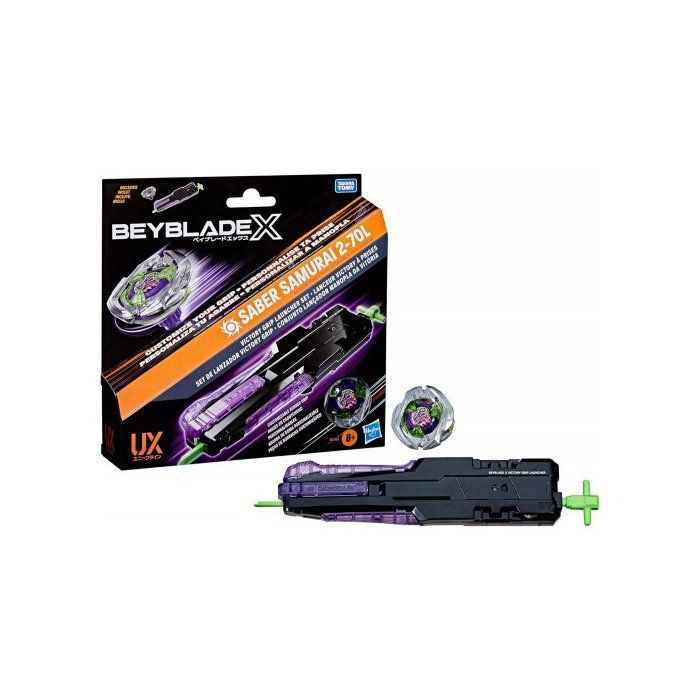 Coffret Toupie Beyblade X Pack Saber Samurai 2-70L - Toupie + Lanceur Lanceur Victory à prise - Type Attaque + 1 Carte