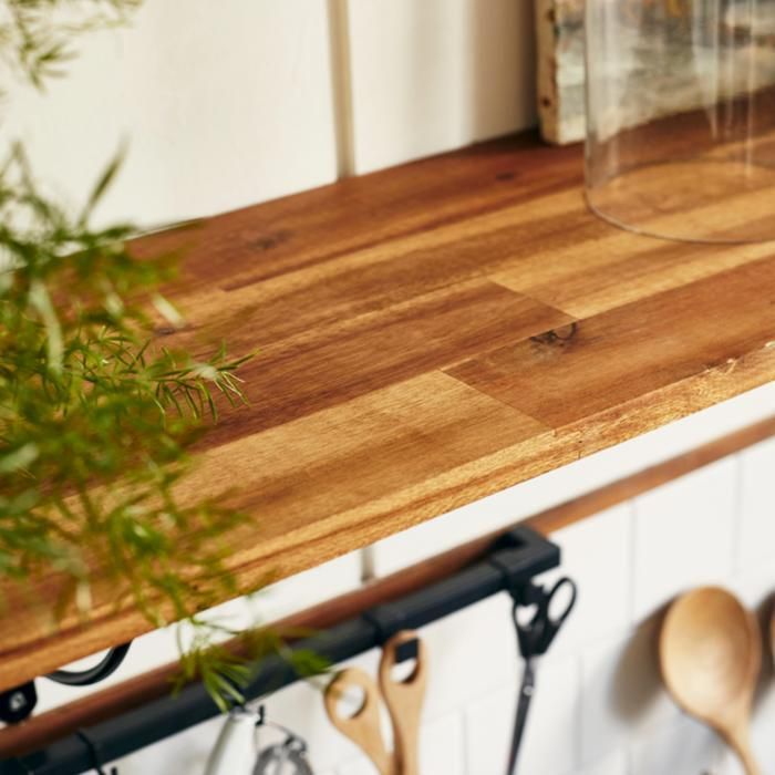 Pre-oiled acacia wood shelf, end-jointed teak, L.200 cm x W.30 cm, Thickness 18 mm
