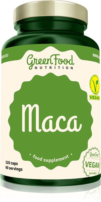 Cápsulas de suplemento alimentar GreenFood Nutrition Maca para próstata, potência e vitalidade.