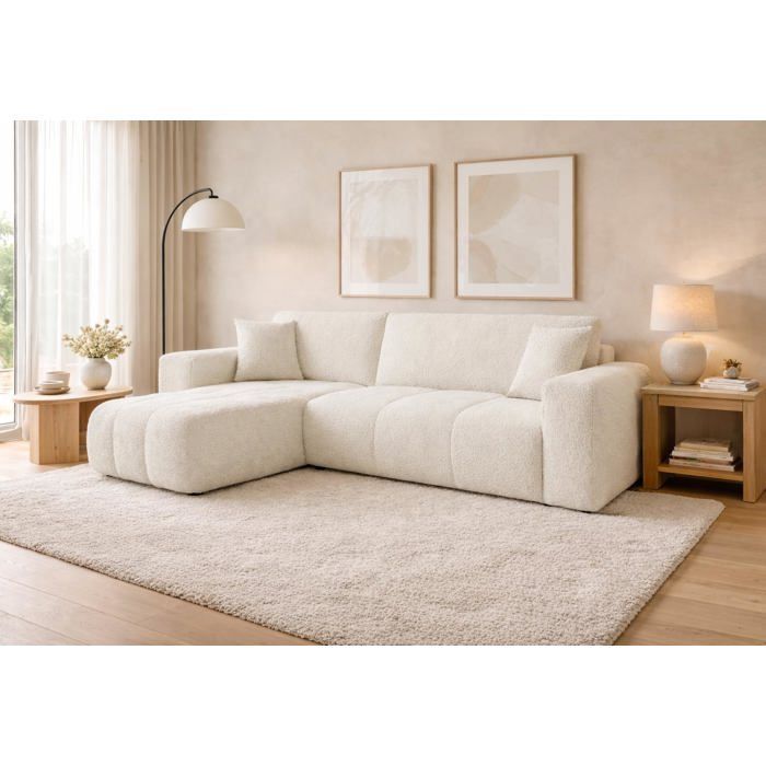 Sofá esquinero convertible TALIO en tejido bouclé beige