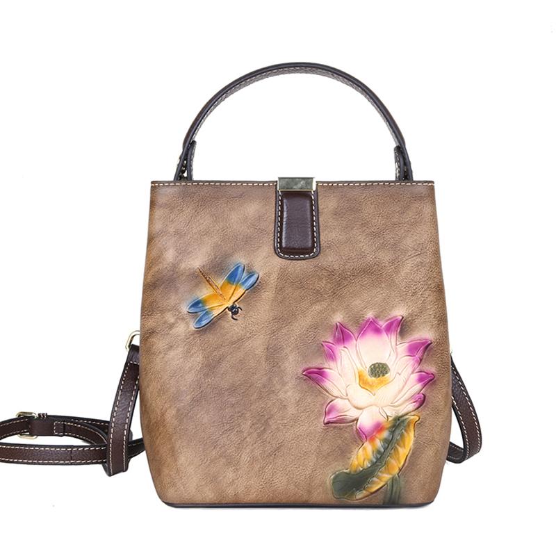 WOMEN Crossbody Messenger Shoulder Bag Embossing Flower Cowhide Female Handbag High Quality Genuine Leather Bucket Tote Bags