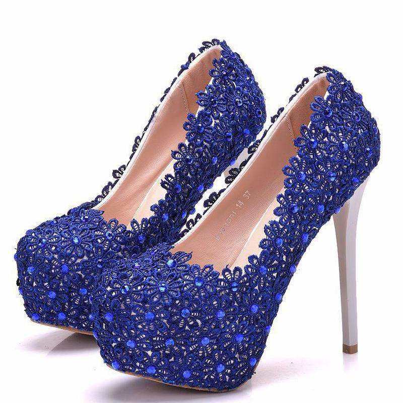 Scarpe da sposa da donna, scarpe da sposa blu con lacci, scarpe da sposa da donna con tacco alto 14 cm, scarpe da sposa con cristalli, décolleté da principessa con plateau, taglie forti 34 41