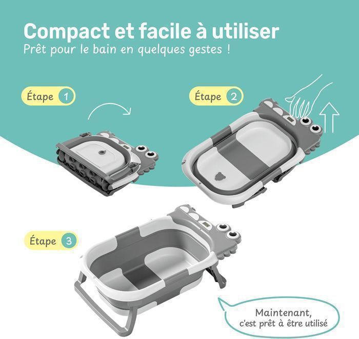 Bañera plegable para bebés con cojín, termómetro integrado y orificio de drenaje para bebés de 0 a 36 meses - Gris