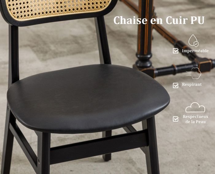 Wahson Chaise de Salle à Manger Lot de 2 Chaise Salle à Manger Bois Rétro et Rotin, Chaise de Cuisine pour Salon, Cuir PU, Noir