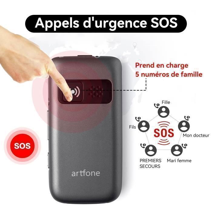 Artfone G6 Téléphone Portable Flip 4G pour Personnes Âgées, Grandes touches, Bouton SOS, 1000mAh, Double Écran, Avec Base de Charge