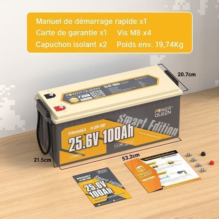 PowerQueen 24V 100Ah LiFePO4 Lithium Battery with Bluetooth for Vehicles, Camping, Caravans, Travel, Marine, and Solar Systems