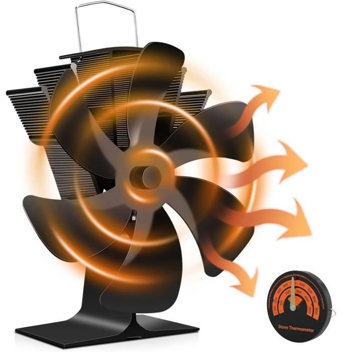 Ventilador de estufa de leña de 6 aspas con termómetro - BLEOSAN - Con soporte - Negro - 165x85x195mm