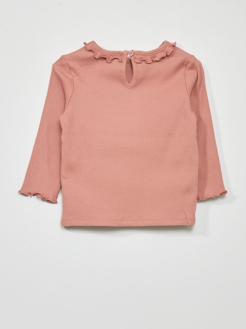 Camiseta de punto acanalado con cuello de volantes - ROSA
