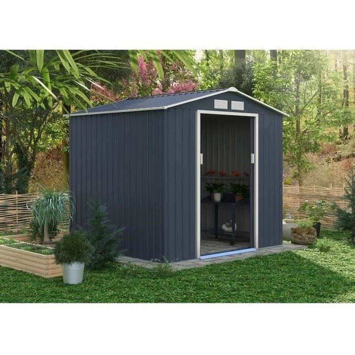 Abri de jardin en métal 4,07 m² - 213 x 191 x 195 cm - MARS -Kit d'ancrage inclus, 2 portes coulissantes - Gris