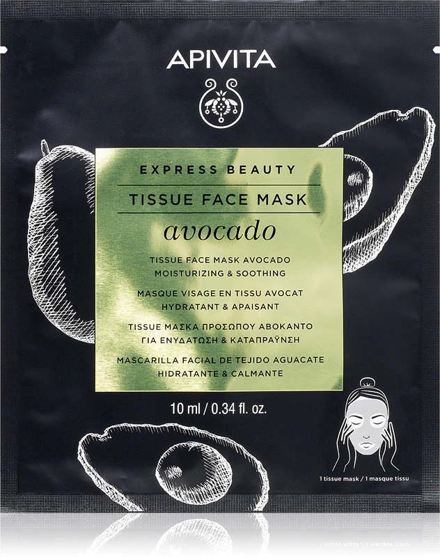 Máscara facial de tecido hidratante Apivita Express Beauty com abacate para acalmar a pele.