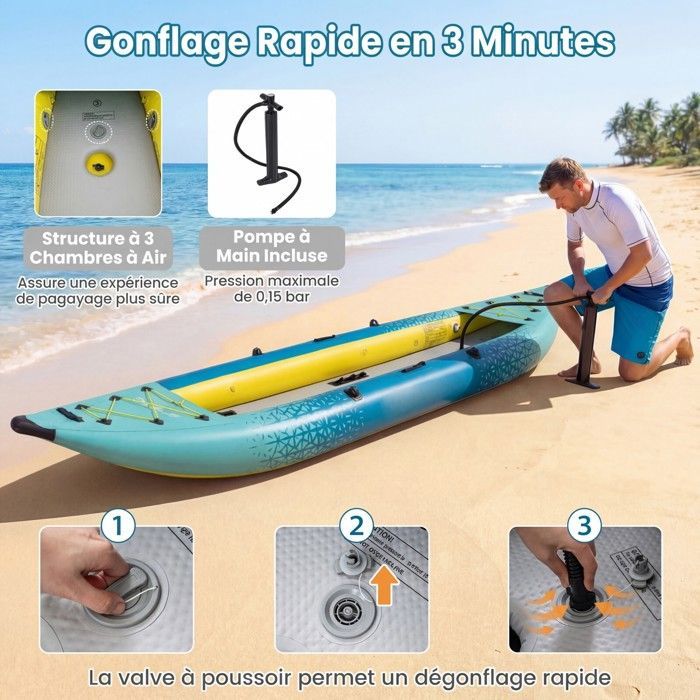 Kayak hinchable COSTWAY para 2 personas, 381x94x40cm - 2 remos de aluminio, 2 aletas desmontables, kit de reparación - Bomba de mano - 230 kg - Verde