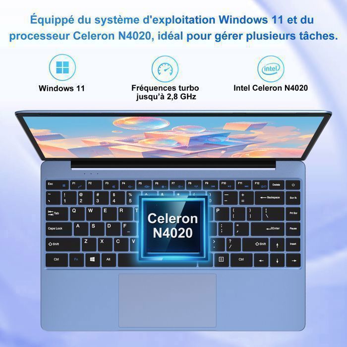 NOTODD Ordinateur portable Windows 11 - PC Portable 14'' FHD - RAM 6Go Stockage 256Go SSD - Celeron N4020 - HDMI -Avec souris - Bleu
