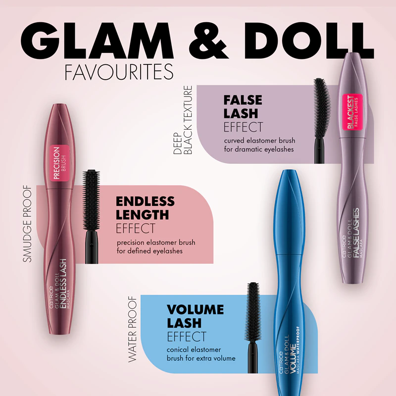 Máscara para cílios Catrice Glam & Doll Volume, à prova d'água, para volume máximo.