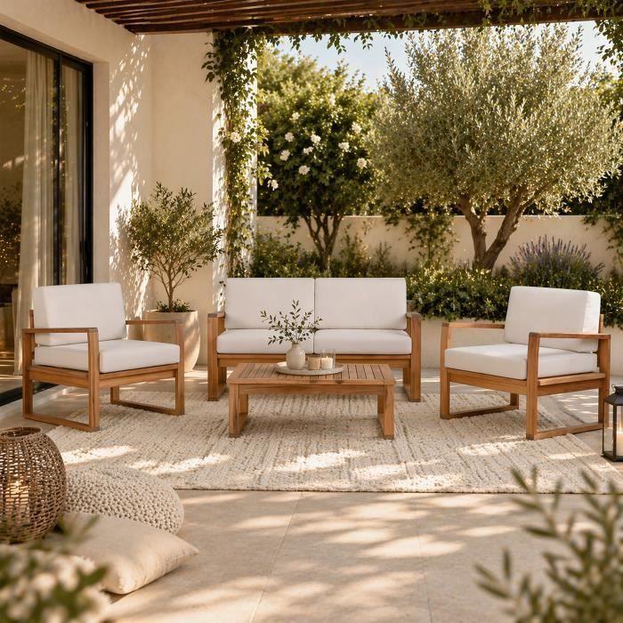 Salon de jardin en bois d'acacia FSC - PALAWAN - Table 80x55x29 cm - Beige - 4 personnes