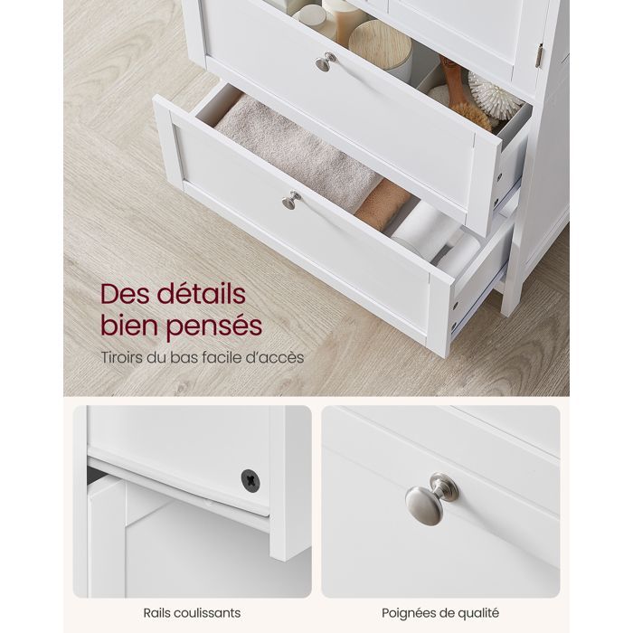 Mobiletto da bagno/cucina VASAGLE con 2 ante, 2 cassetti e ripiani regolabili, 30 x 60 x 110 cm, bianco.