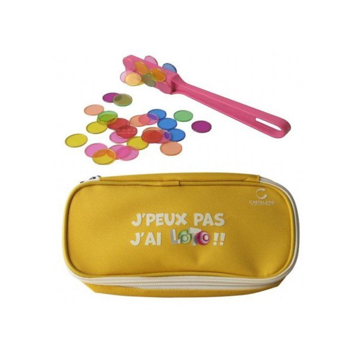 Kit di accessori per il bingo 3 in 1: custodia gialla + asta magnetica rosa per la raccolta delle fiches + 100 fiches magnetiche - Set di accessori per il gioco.
