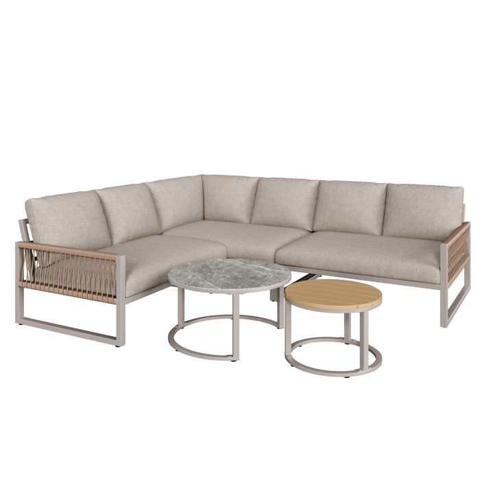 Conjunto de muebles - Conjunto de salón de jardín - 6-7 plazas - sofá esquinero - hierro galvanizado - 2 mesas nido, beige