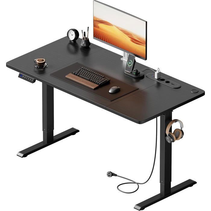 HLONONE Electric Sit-Stand Desk, 120 x 60 cm, Height Adjustable Table, with Integrated Power Outlet, USB Port, Black
