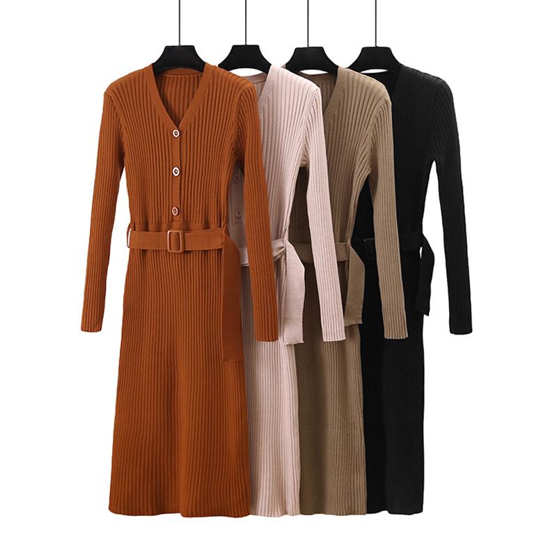 Pull long pour femme, sexy, col en V, coupe ajustée, manches longues, avec ceinture.