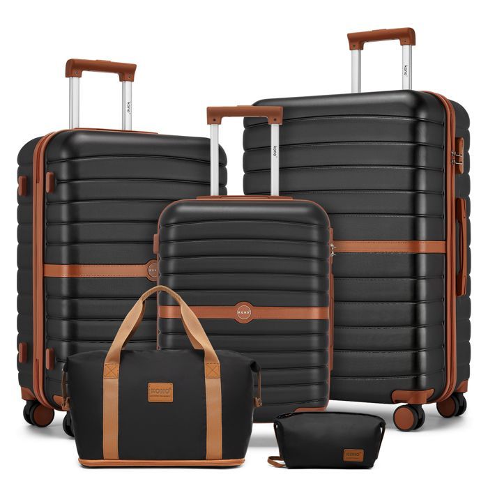Juego de maletas de viaje Kono de 5 piezas (55/66/76 cm) con 4 ruedas y cerradura + bolsa de viaje plegable con neceser, color negro.