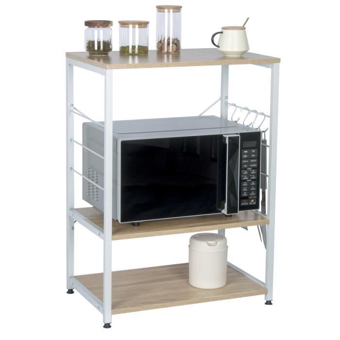 Estante para microondas WOLTU, estante de cocina de madera maciza con estructura de acero, 60x39x74cm, blanco + roble claro