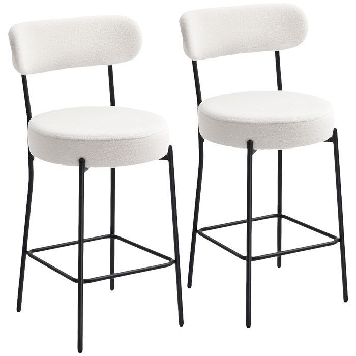 Juego de 2 taburetes de bar - HOMCOM - asiento ancho, respaldo curvo y reposapiés - tejido bouclé - 49x52x95cm - crema