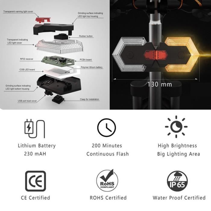 Clignotants de vélo sans fil intelligents, Indicateur de direction à LED avant et arrière Accessoire de vélo