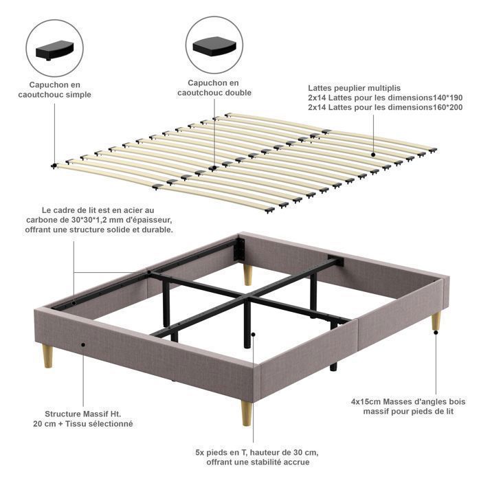 Base de cama tapizada - DEWINNER - Cama robusta y cómoda de 140 x 190 cm - Somier de 2 x 14 láminas con 9 patas - Altura del marco: 35 cm - Beige