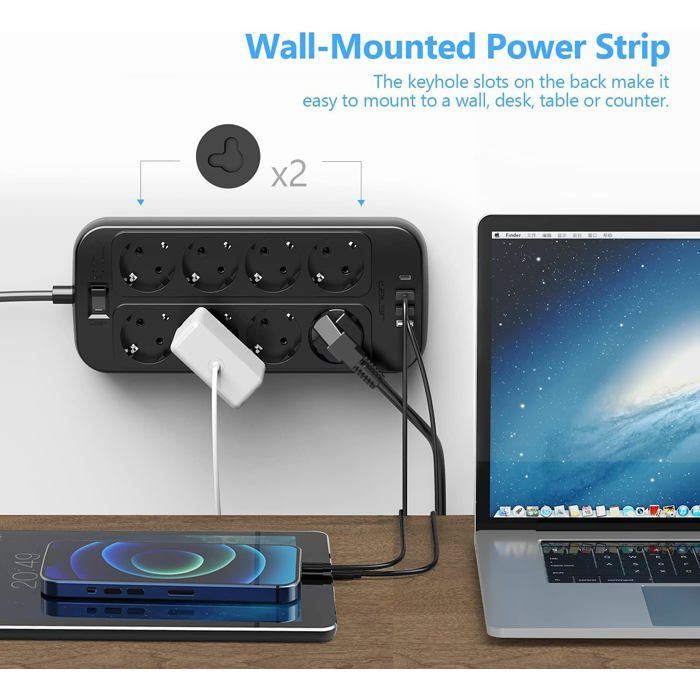 Multiprise 8 Prises avec 1 Port USB C,3 Port USB A (5V3,4A/17W) Parasurtenseur Parafoudre et Surtension avec Interrupteur Cordon 2m