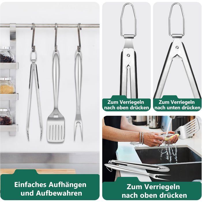Accesorios para barbacoa, juego de 3 piezas de acero inoxidable, utensilios para barbacoa, accesorios para barbacoa con pinzas.