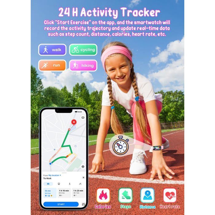 Kindersmartwatch voor sport: 2,4 cm (0,96 inch) verbonden fitnessarmband met stappenteller voor meisjes en jongens (roze)