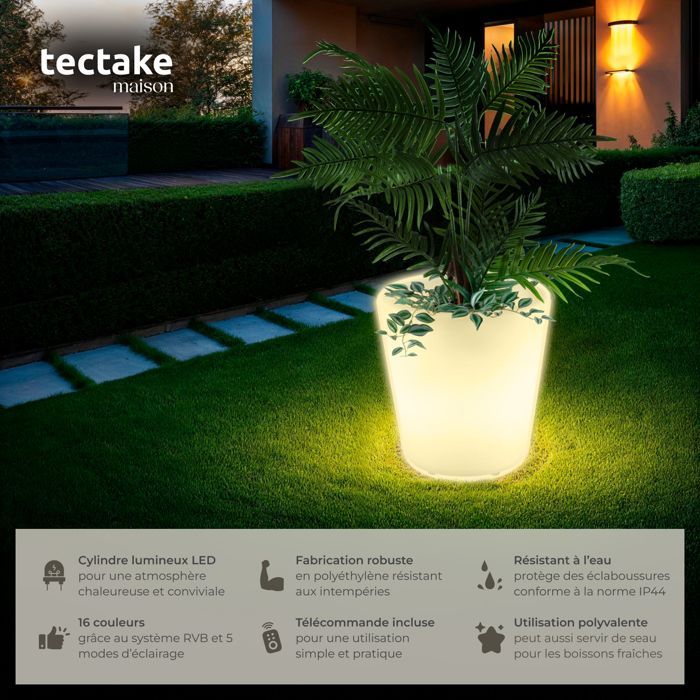Maceta iluminada - TECTAKE - Maceta cilíndrica con iluminación LED, 16 colores RGB y 5 modos de iluminación - 38 x 40 cm
