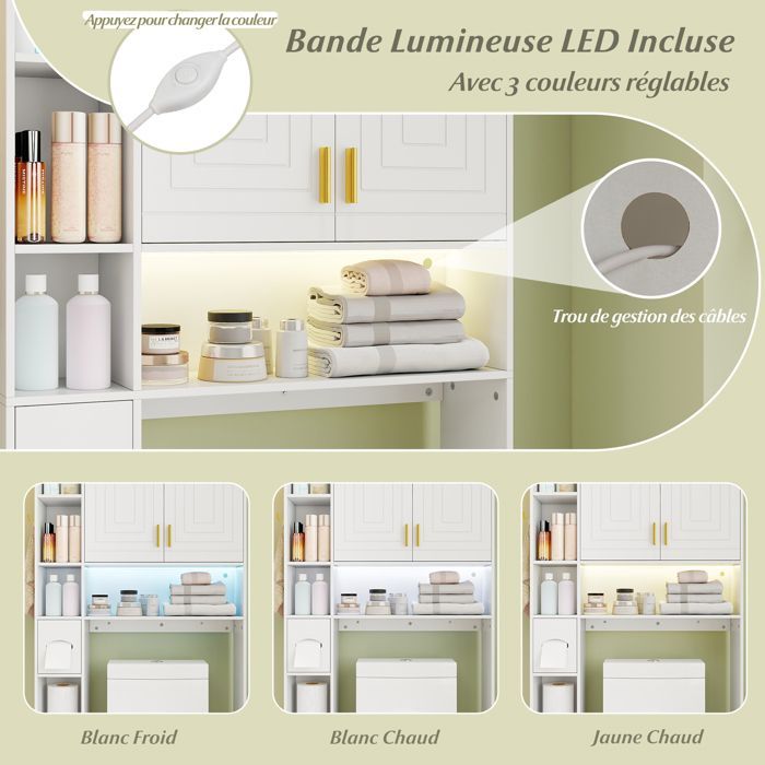 Armario para inodoro COSTWAY con iluminación LED, 2 puertas y 6 compartimentos abiertos, portarrollos de papel higiénico, estante ajustable, color gris.