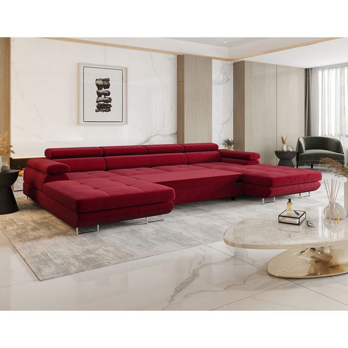 Ayden - 7-seater U-shaped panoramic sofa bed with storage and adjustable fabric headrests - Plum