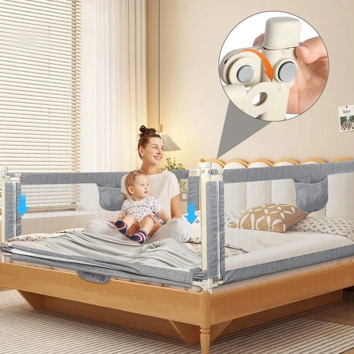 MIPAN Baby-Sicherheitsbettgitter – 175 cm – Fallschutz für Kinder – Höhenverstellbar 70–105 cm – Grau